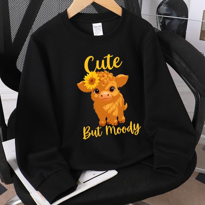 Kids Crewneck Long Sleeve Sweatshirt,Cute Cartoon Calf with Sunflowers Graphic Print 110