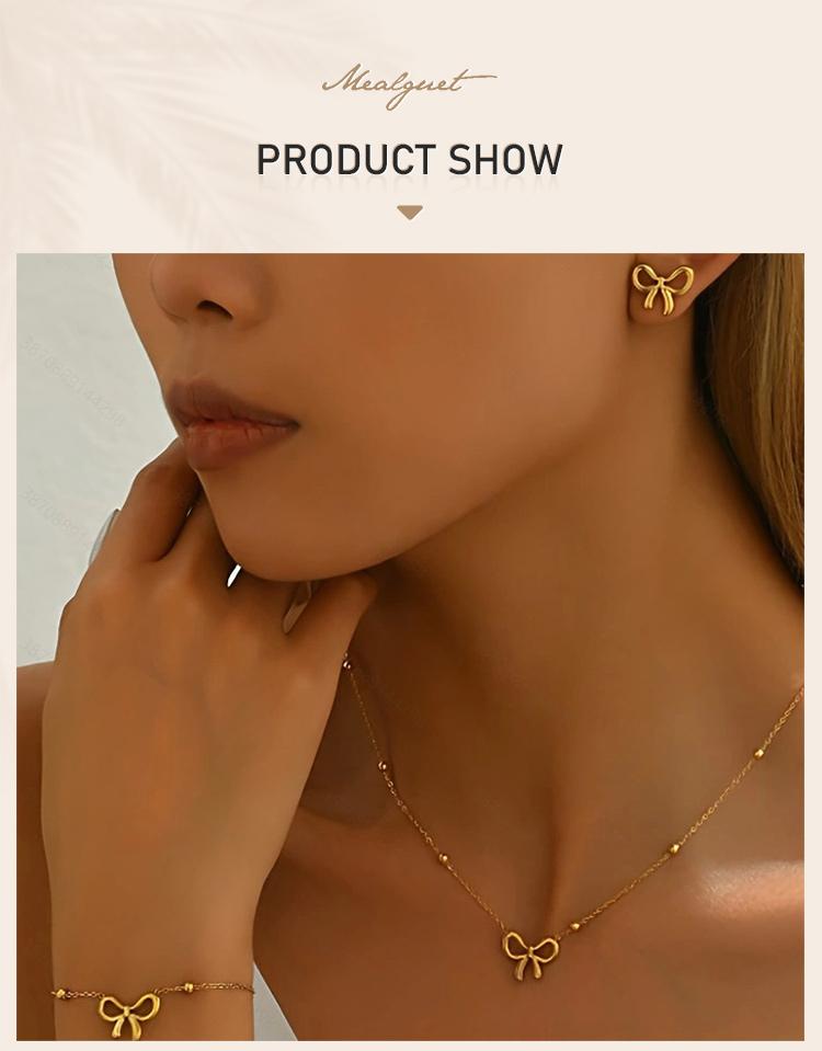 Stainless Steel Bowknot Jewelry Set Tarnish Free, Women's 3pcs Necklace Bracelet Stud Earrings, Beaded Chain Minimalist Jewelry