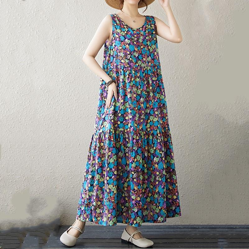 

Новое хлопковое винтажное платье с цветочным принтом без рукавов больших размеров для женщин, повседневное свободное длинное летнее платье