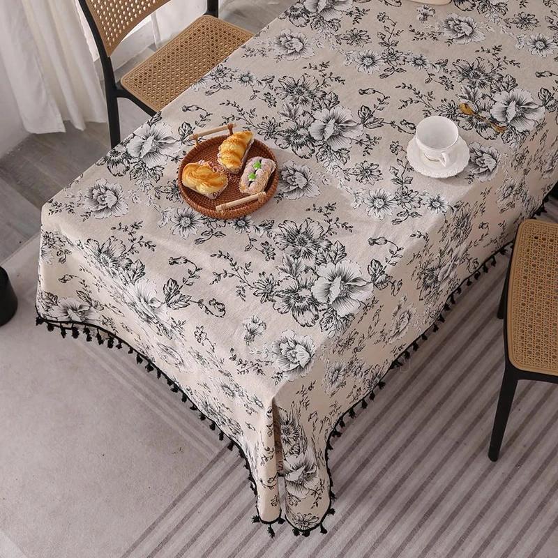 Blue Tablecloths Bohemian Floral Fabric Tassel Rectangle Dust-Proof for Home Decoration Kitchen Holiday Party Dining Table Cover