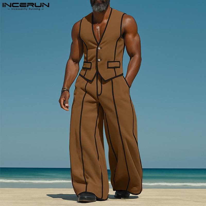 INCERUN 2PCS Men Sleeveless Stitching Waistcoat and Long Pants Outfits Sets
