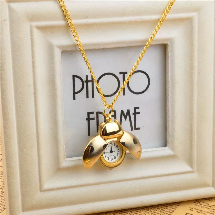 Seven-Star Ladybug Retro Beetle Necklace: Cute Carton Pocket Watch with Flip Cover for Kids