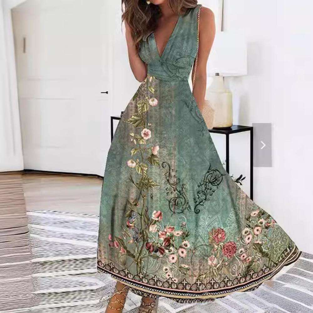 

JPNTKY Женская мода Лето Весна Цветочный принт Без рукавов V-образный вырез Повседневные платья L