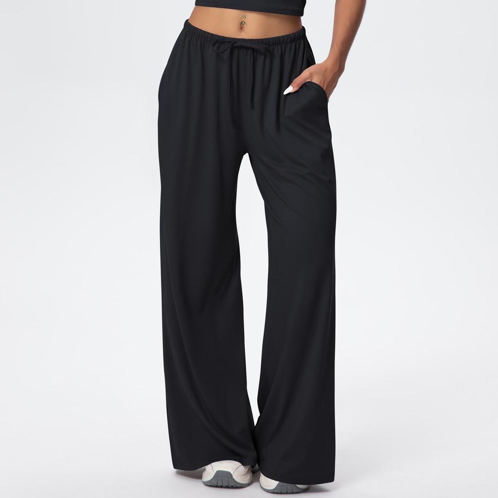 Women's Wide-Leg Brushed Fleece Pants with Drape Pockets and Elastic Drawstring