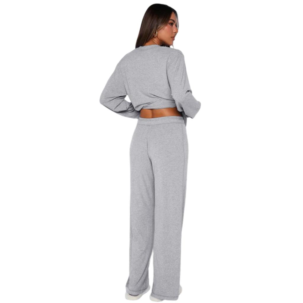 Women's 2-Piece Loungewear Set Loose Fit Long Sleeve Top with Wide Leg Pants Casual Matching Outfit