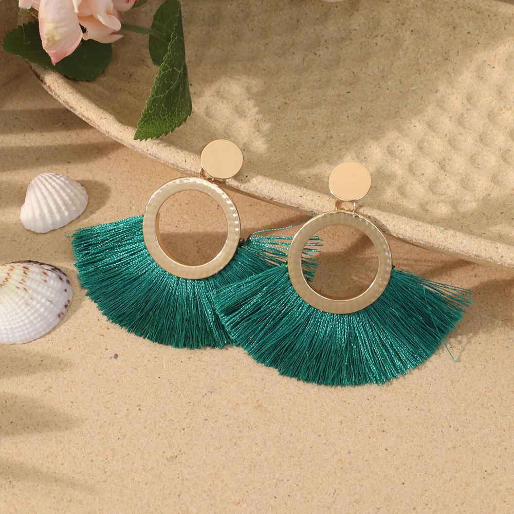 Bohemian vacation wind fringed earrings ins niche design sense stainless steel earrings exaggerated circle earrings tide