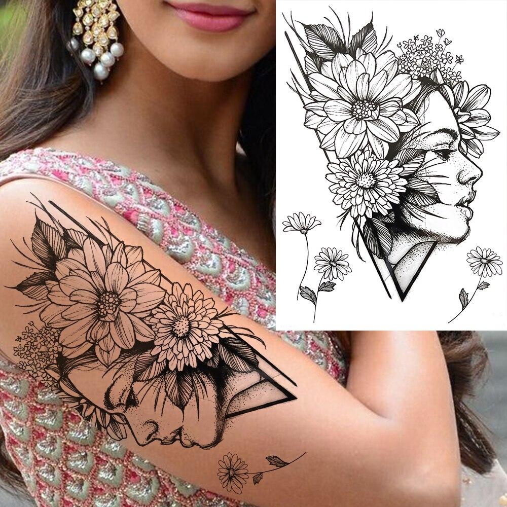 Black Flower Temporary Tattoo For Women Adultsl Fake Peony Rose Dahlia Lotus Tattoo Sticker 3D Body Art Bouquet Sexy Tatoo Paste