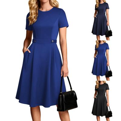Women Casual Short Sleeve Midi Dress with Waist Button and Crew Neck for Everyday Wear Office Work and Outings