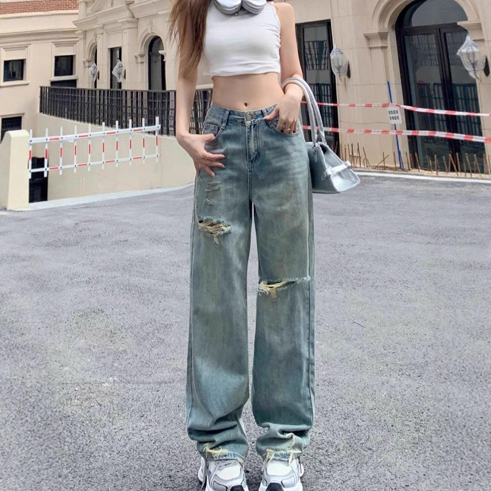 

Брюки широкие штанины с рваными дырами джинсы с высокой талией женские свободные весенне-летние облегающие дизайнерские нишевые повседневные брюки, волочащиеся по земле, ретро джинсы 4XL