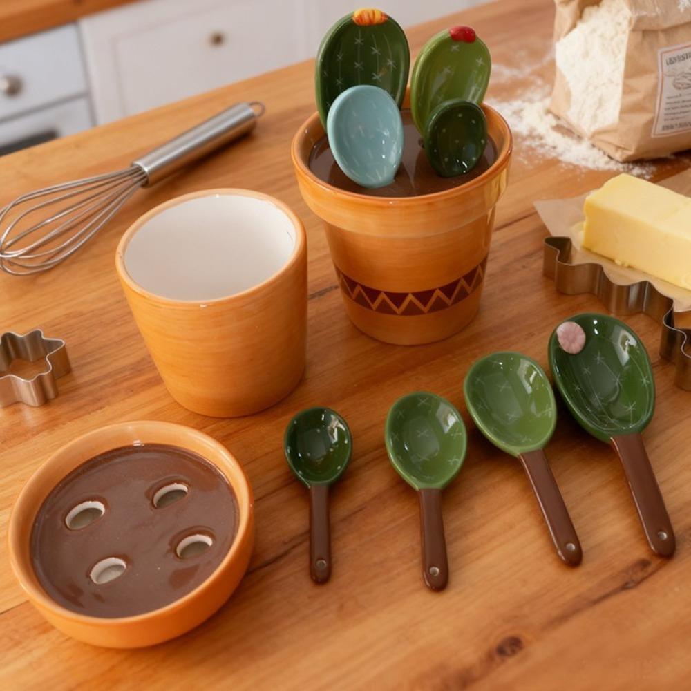 Ceramic Measuring Spoons Set with Base Baking Spoons Flower Pot Cactus Ornament Powder Scoop