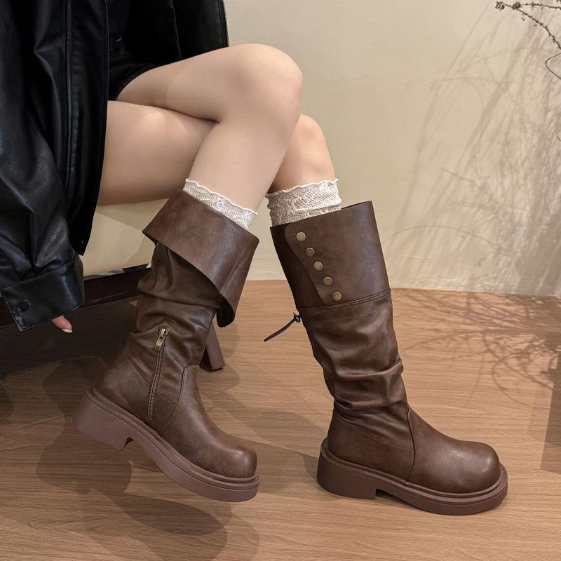 Leather pleated pile boots two wear brown boots women 2025 thick sole but knee small tall knight boots