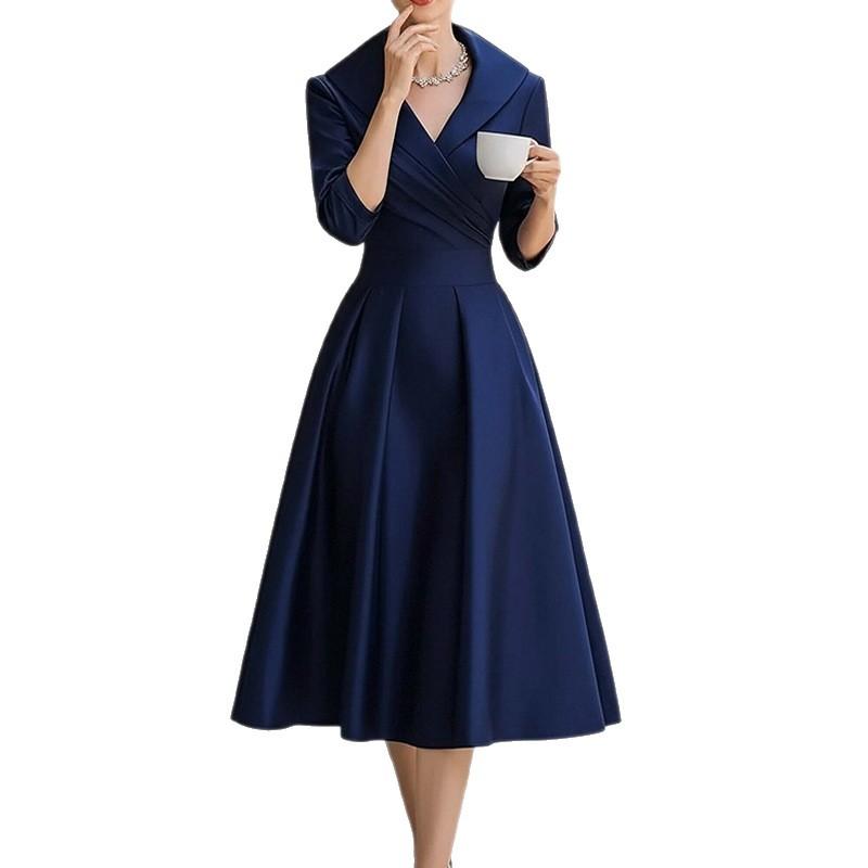 Nuovi modelli primavera 2026, abbigliamento da donna europeo e americano, abito elegante a tinta unita con scollo a V, vestito lungo, adatto per il lavoro