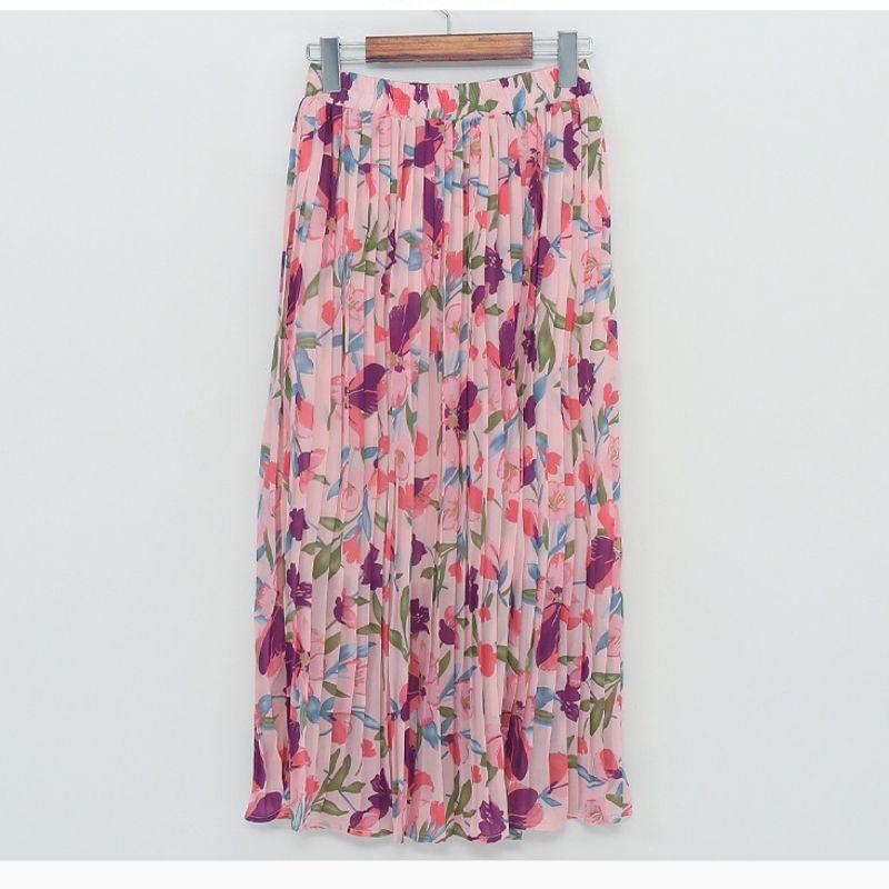 

Sweet Korean Style Plus Size Women s Clothing Work Clothing Ol Elastic Waist Print Chiffon Pleated Elegant Big Hem Skirt with Lining Pink 5XL