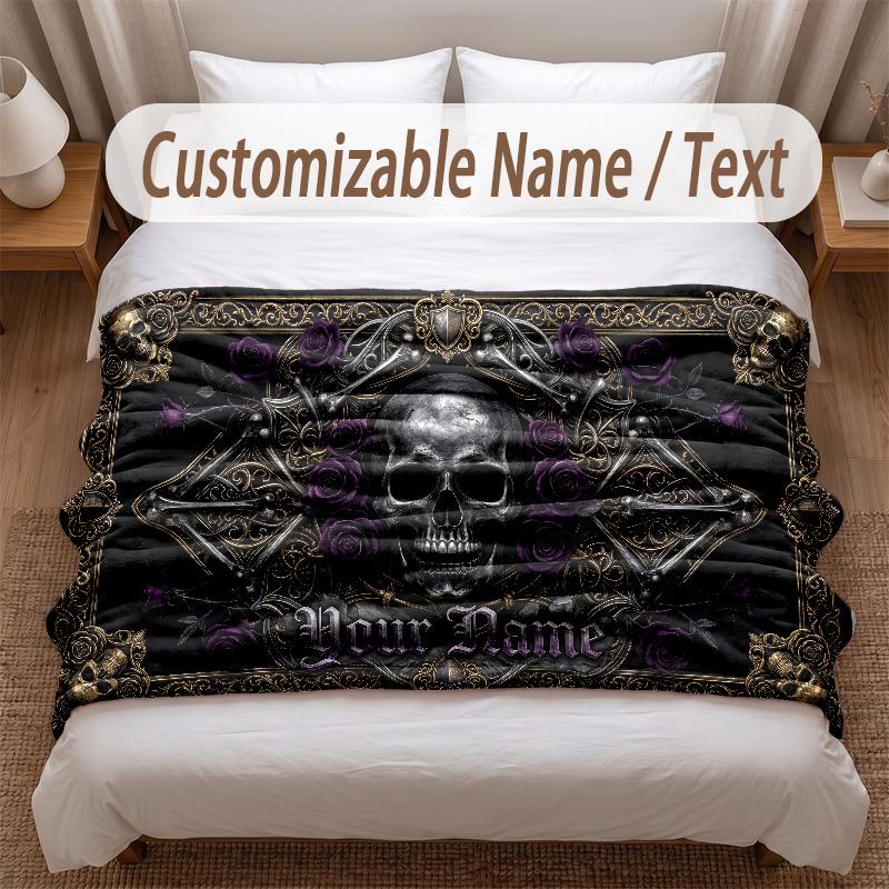 Skull Gothic Theme Soft Blanket Personalized Custom Name Text Print Warm Blanket Home Sofa Bedroom Decor