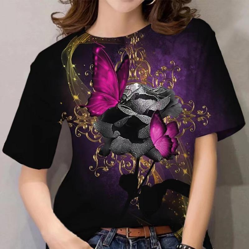 Luxury Women's T Shirt Floral Print Harajuku Clothes O Neck Casual Short Sleeve Tees Daily Y2k Blouse Oversized Tops