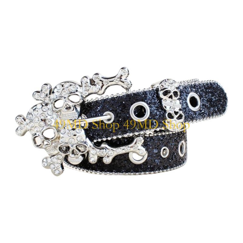49MD Elegant Crystal Skull Buckle Belt for Women Punk PU Leather Glittering Sequins Designs for Western Cowgirls Lookings