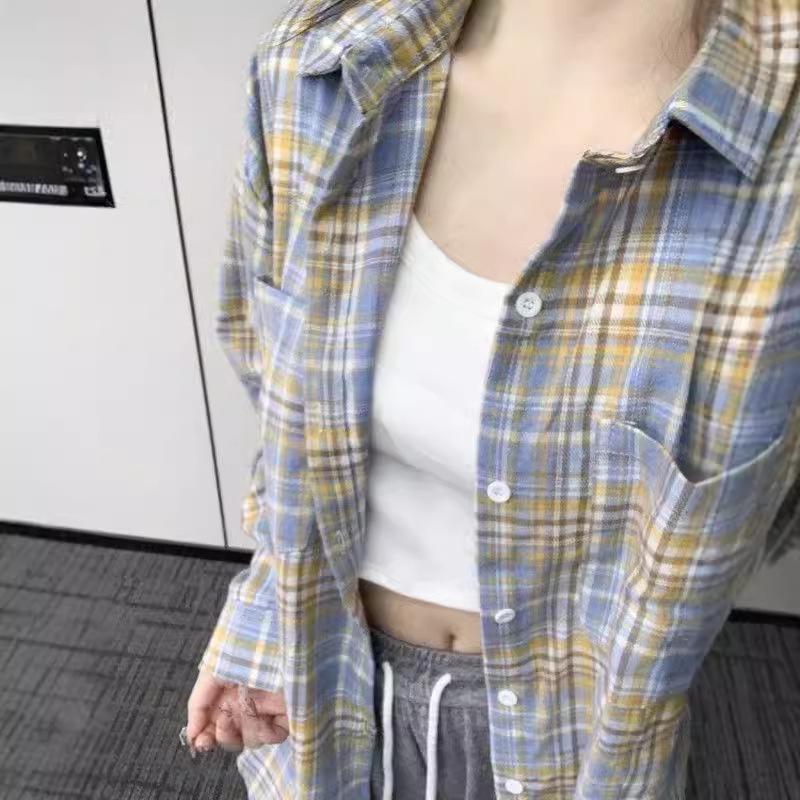 Women's Hong Kong Retro Plaid Loose Long-Sleeve Shirt for Spring/Autumn