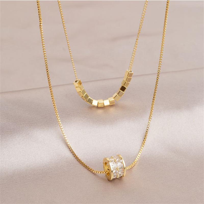 316L Stainless Steel New Fashion Fine Jewelry 2-Layer Cube Embed Zircon Beading Charm Chain Choker Necklaces Pendant For Women