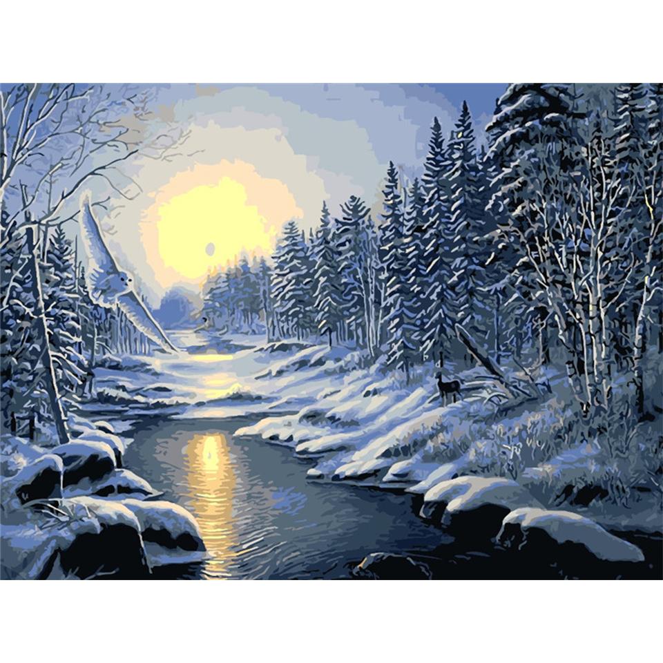 5D DIY Diamond Painting Landscape Winter House Full Round Rhinestone Embroidery Cross Stitch Kit Mosaic Picture Decoration Gift