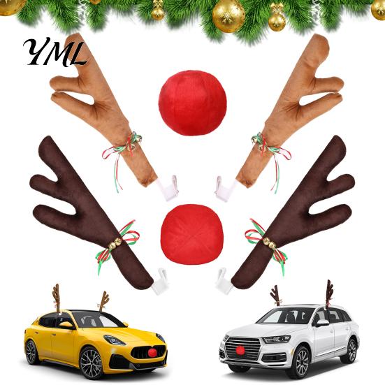 Winter Holiday Car Decor Christmas Reindeer Antlers with Red Nose, Plush Vehicle Decoration Party Accessory Kit Jingle Bell Ribbon, Festive