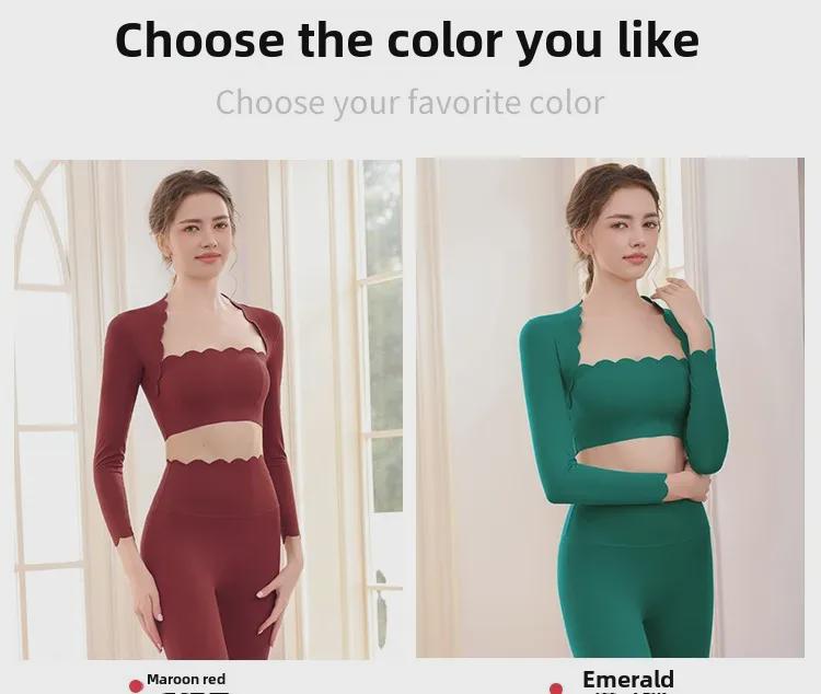 Fato de Yoga Feminino de Alta Elasticidade e à Prova de Choque: Top de Renda de Manga Comprida & Calças de Cintura Alta com Efeito Levanta Bumbum