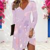 Women Plus Size V Neck Long Sleeve Printed Black Teal Gold A Line Dress