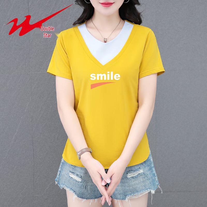 Shuangxing Women s V-Neck Color-block Short Sleeve T-Shirt XL жёлтый