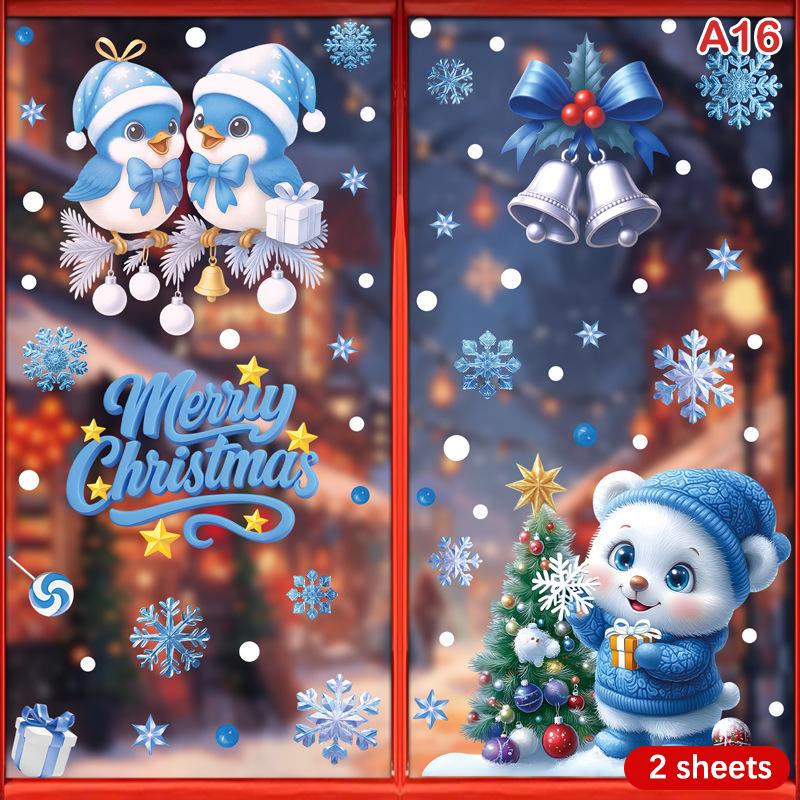 Christmas Blue Snowman Window Stickers Santa Claus Bird Snowflake Elk Ornaments Merry Christmas 2025 Happy New Year 2026