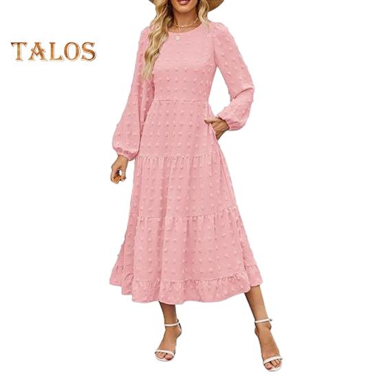 Herbst Winter Damen Kleid Lange Laternenärmel A-Linie Rundhals Großer Saum Punktapplikation Plissiert Einfarbig Dating Pendeln Midikleid