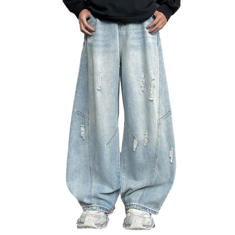 Lichtblauwe gescheurde machete jeans heren Amerikaanse high-end broek rechte losse wijde pijpen broek