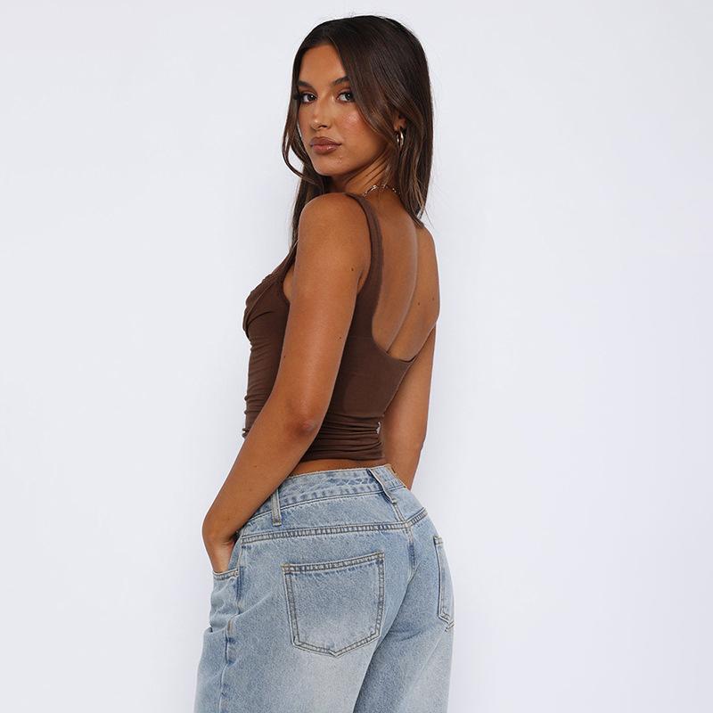 GMXIA Women's Spring Halter Slim Solid Color Patchwork Pleated Halter Vest T-shirt Top