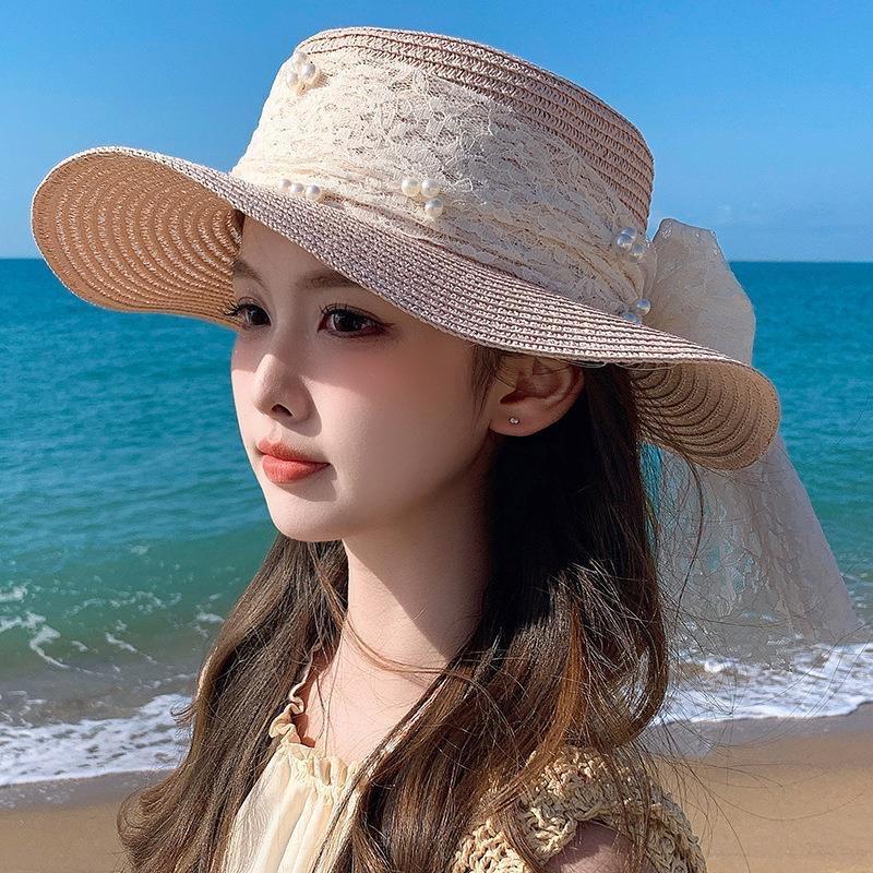 Straw Hat Women's New Summer Lace Pearl Flat Top Hat Seaside Beach Travel Vacation Sun Shade Sun Hat