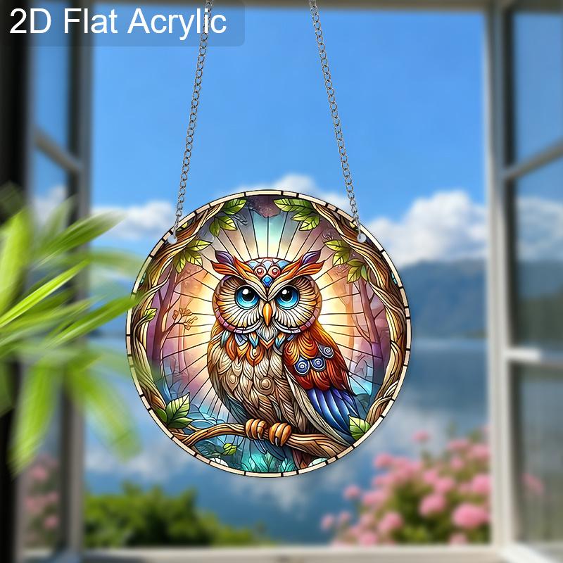 Acrylic Mystical Forest Owl Stained Glass Style Suncatcher, 2D Flat Acrylic Window Hanging Ornament for Fantasy & Nature Lover Gifts