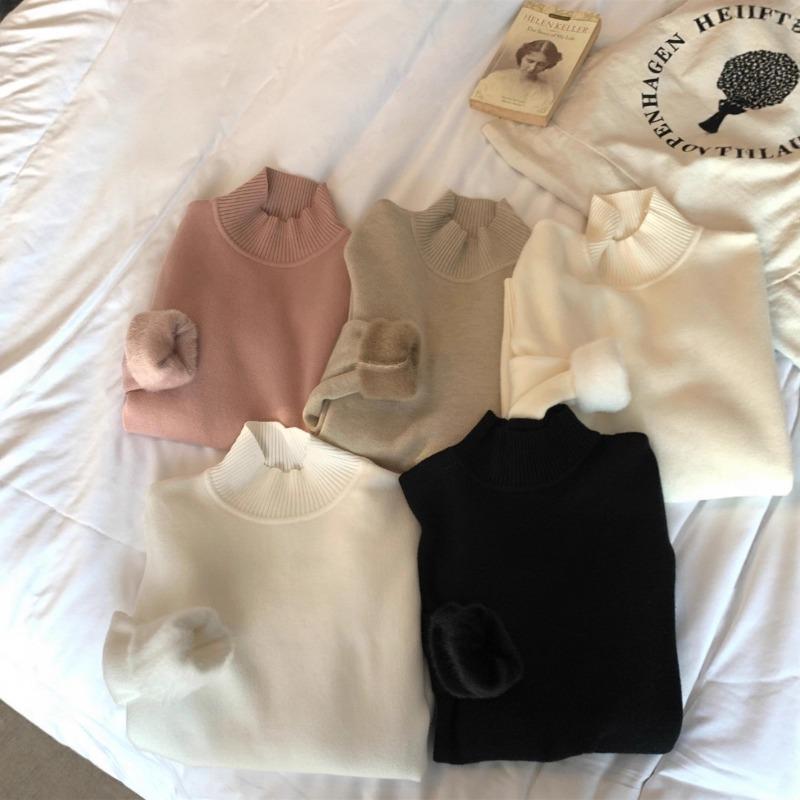 Autumn and winter semi-turtleneck velvet thickened top women's warm inner round neck long-sleeved T-shirt women's base versatile sweater