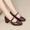 Top Layer Cowhide Women's Shoes Spring Versatile New Retro Square Toe Shallow Mouth Thick Heel Middle Order Shoes Mary Jane Commuting Shoes Women