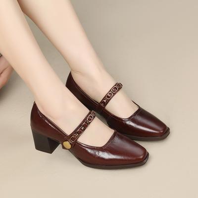 Top Layer Cowhide Women's Shoes Spring Versatile New Retro Square Toe Shallow Mouth Thick Heel Middle Order Shoes Mary Jane Commuting Shoes Women
