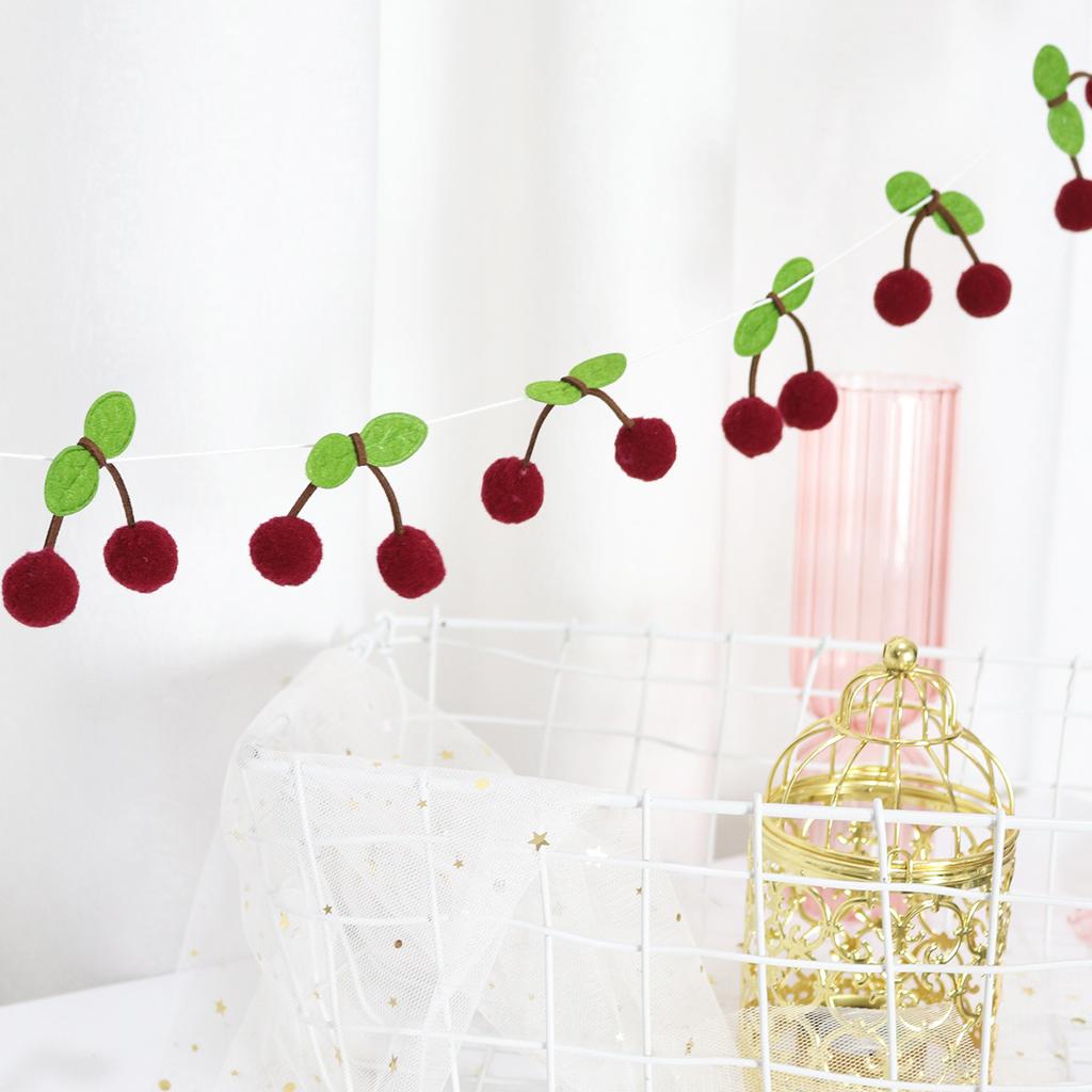 12pcs/Set Cute Cherry Felt Plush Ball Pull Flag - Festive String Hanging Decoration Birthday Party New Year Home Celebration