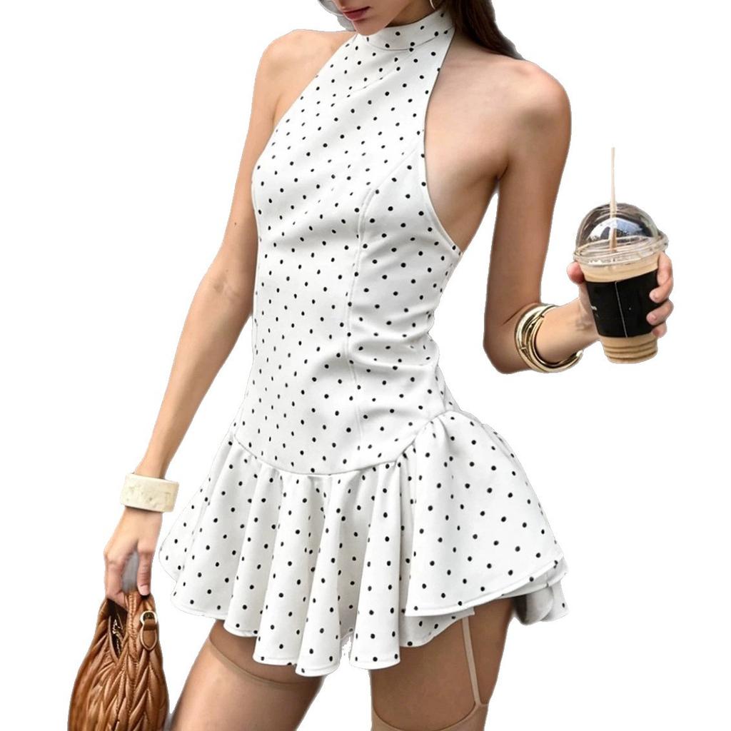 Summer new polka dot neck dress women, pure wind backless waist skirt, Spice Girl looks thin and short