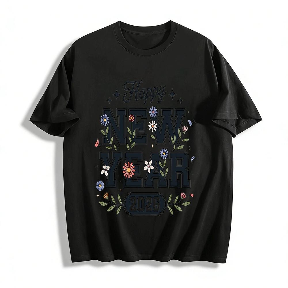 2026 Happy New Year Floral Letter Print Casual Long Sleeve Top Pure cotton T-shirt XXS