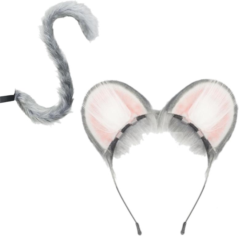 Mouse Costume Accessories Faux Furs Foxes Tail and Ears Headband Set Animal Halloween Cosplay Costume for Women Men