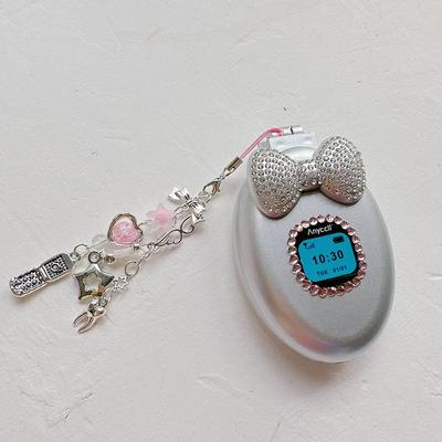 Y2K Bow Retro Simulation Flip Phone Folding Air Cushion Comb Makeup Mirror Bag Charm Hanging