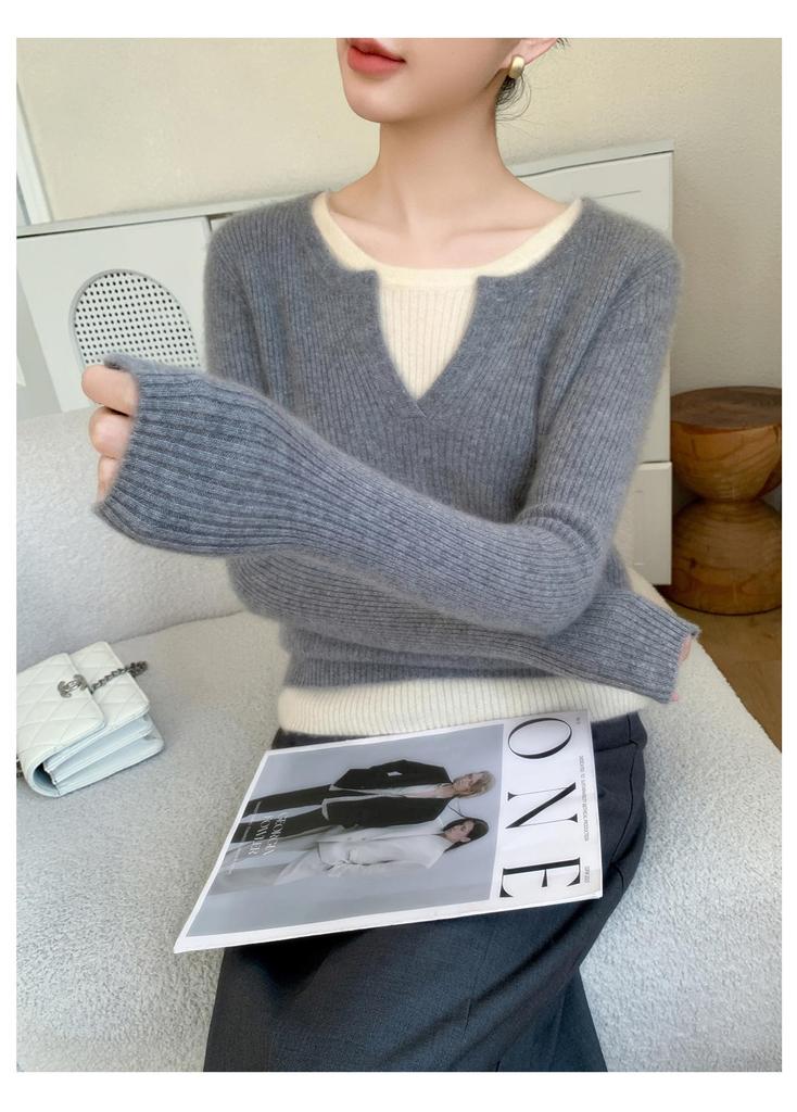 Double-Layer Striped Cashmere Knit Sweater with Mixed Neckline for Ladies