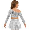Kids Girls Jazz Dance Costume One Shoulder Long Sleeve Sequins Top with Elastic Waistband Metallic Tutu Skirt for Performance Competition