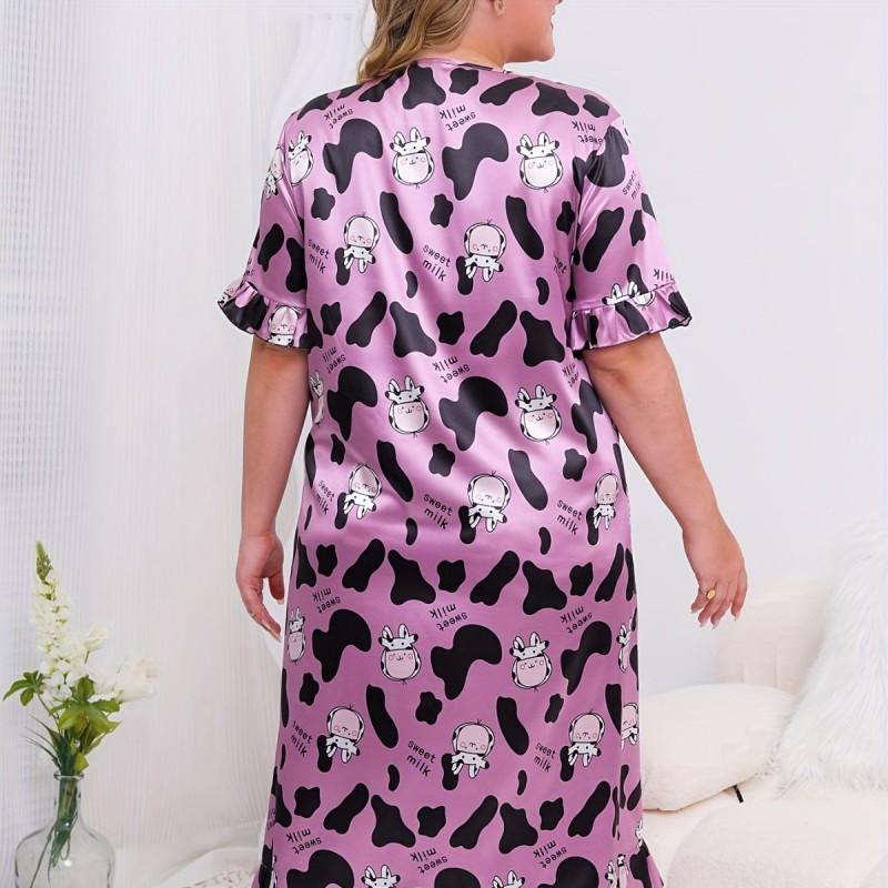 Plus Size Purple Cow Zebra Print Short Sleeve Cartoon Nightdress Loose Comfortable Home Dress Women