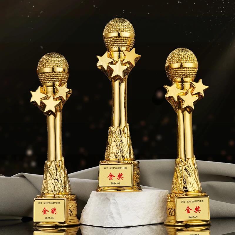 Customized Microphone Five-pointed Star Resin Trophy, Crystal Base Excellent Host Singing Talent Activity Competition Award, 1Pc