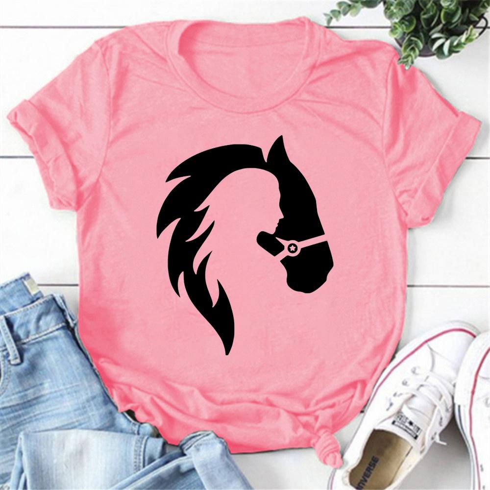 Cute Horse Head Print T Shirts for WomenGirls Casual Round Neck Tees Top 2026 New Year Summer Womens Fit Tee Shirts