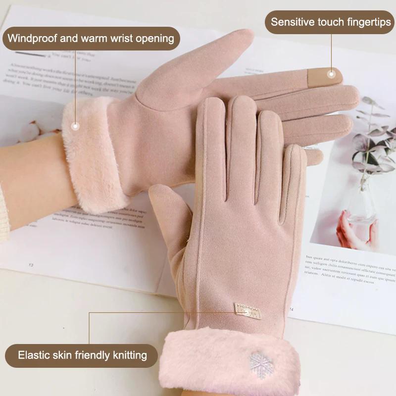 כפפות זמש חמות לסתיו-חורף עם בטנת קטיפה עבה ועיטור פרווה ביד. כפפות לשימוש חיצוני, עמידות לקור, עם מסך מגע, לכפפות רכיבה וסקי.