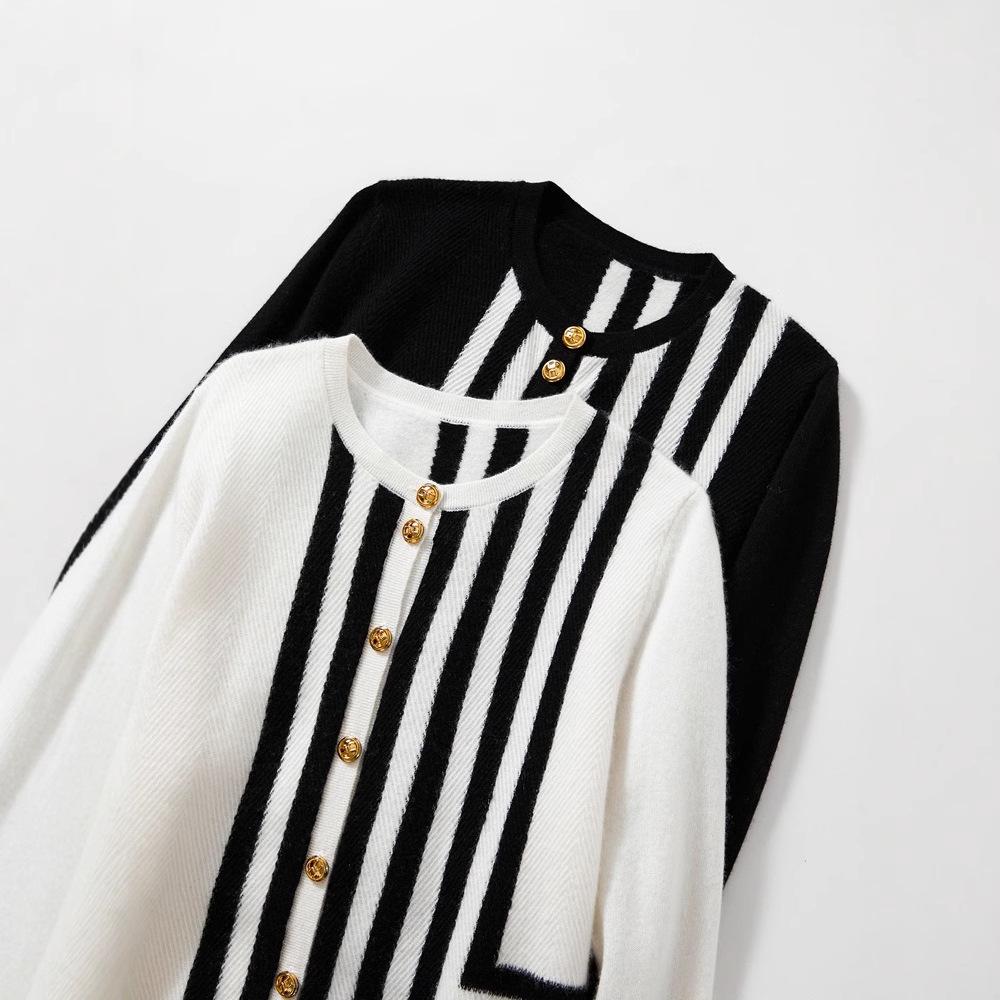 Women's French Coco Style Striped Cashmere Cardigan – Round Neck Autumn/Winter Loose Knitwear