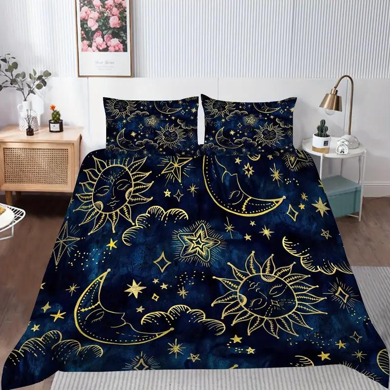 Boho Sun and Moon Duvet Cover Set Black White Floral Bedding Set Bohemian Exotic Comforter Covers Queen Bedroom Decor All Season