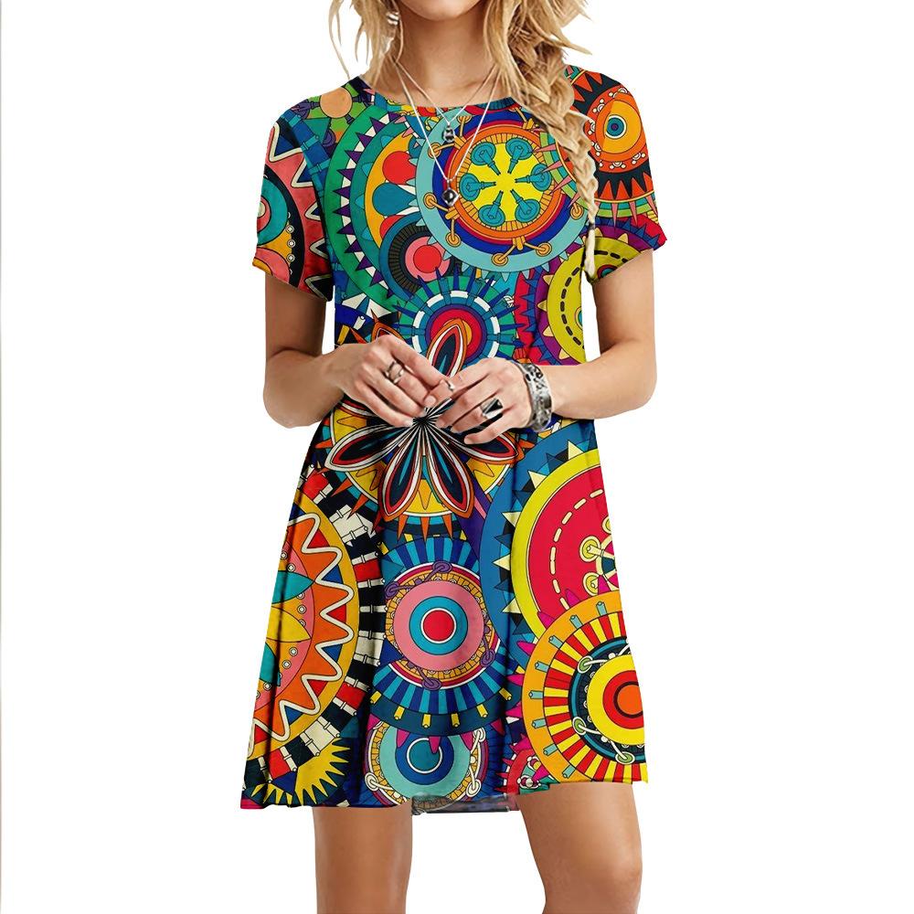 

S-6XL Плюс Размер Винтаж Цветочный Принт Платье Женщин Бохо Мини Платья Лето Короткий Рукав Свободное Платье Повседневный Сарафан Для Женщин 6XL